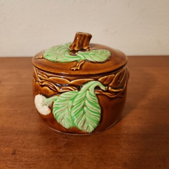 Vintage Ceramic Brown & Green Leaf Design Trinket Jar With Lid 4" H x 4" W - Picture 1 of 11